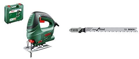 Bosch Home and Garden Stichsäge PST 650 (500 Watt, Schnitttiefe in Stahl/Holz 4mm/65mm, im Koffer) + Bosch T101B Stichsägeblätter Holz 5 Stück