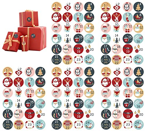 KIXS Feiertags-Countdown-Aufkleber,Weihnachts-Adventskalender-Nummernaufkleber mit klaren Druckmustern - DIY Weihnachtspapieretiketten für Flaschen, Fenster, Tassen
