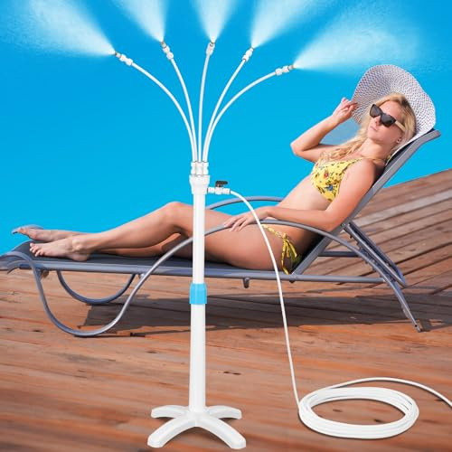 Stand-Nebelsystem, tragbares Bewässerungs-Kühlsystem mit aufrüstbarem verstellbarem Steigrohr, 5 Sprühdüsen + 8 Meter (26,2 Fuß) Bewässerungsleitung für Terrasse Pool BBQ-Kühlung Kinder Wasserspiel