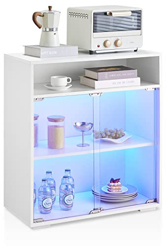 LED Sideboard Kitchen with 2 Clear Glass Doors, Tall Display Cabinet with Shelves, Living Room Cupboard Display Unit Cabinet Free Standing Bookcase Amply Storage White (82cm)