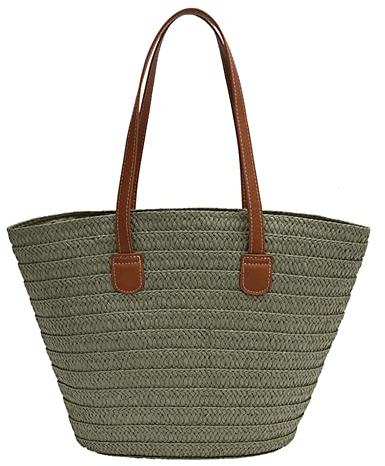 TIAASTAP Korbtasche Geflochten Weich Stroh Handtasche, Straw Bag Strohtaschen Damen Basttasche mit Reißverschluss, Einkaufstasche Geflochten mit Ledergriffe für Einkauf Strand Reise
