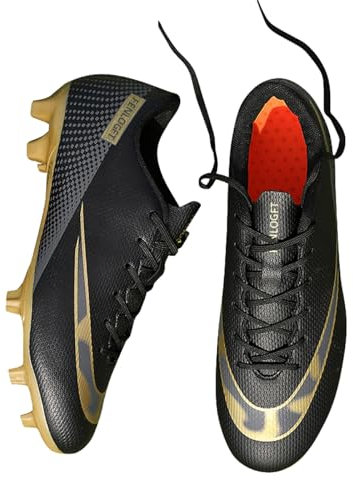 Fenlogft Unisex Sizes Leather Soccer Cleats with Lace-Up for Training Firm Ground & Turf - Men, Women, Boys & Girls American Football Shoes Boot, Black Gold, 8.5 Women/7 Men
