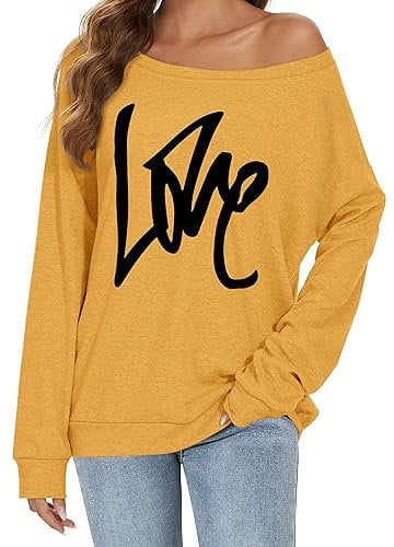 florynova Women's Off Shoulder Tunics Tee Shirt Long Sleeves Pullover Sweatshirt Loose Fit Casual Blouse(Yellow, 2XL)