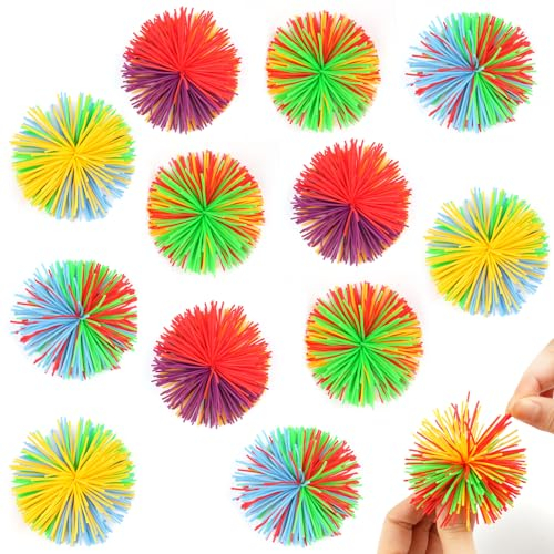 Deepton 12 Stück Farbe Stringy Balls, Wuschelball 6.5 cm, Sensory Fidget Balls, Mitgebsel Kindergeburtstag 6, 7, 8, 9,10 Jahre, Regenbogenball Kinder Mitbringsel für Familienspiele Freundesspiele