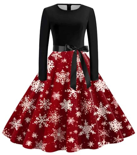 WVONIF Robe Noël Femme Chic Robe Moche Impression Noël Robe Bonhomme de Neige Robe Mère Noël Femme Trapèze Mariage Cocktail Soirée Fête Cérémonie Décontractée au Genou Midi Costume Mère Noël Femme