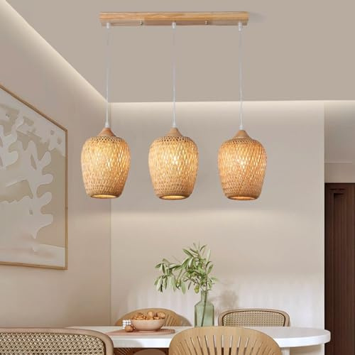 PANNN Suspension Boho Lustre Bambou Rotin E27 3 Lumières Tressées À La Main En Rotin Abat-Jour Lampe Suspendue Pour Salle À Manger Salon De Thé Salon Café Cuisine, 54cm
