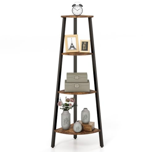 COSTWAY Eckregal, Bücherregal mit 4 Ebenen, Leiterregal, Aufbewahrungsregal, Pflanzenregal für Wohnzimmer, Schlafzimmer, Industrial-Design, rustikales Braun