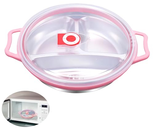 Assiettes Compartiment plateau Repas Enfant 22CM Assiette en Acier Inoxydable avec Couvercle Assiette 3 Compartiments Sans BPA - Passe au Lave-Vaisselle et Au Micro-Ondes (Rose, 22CM)