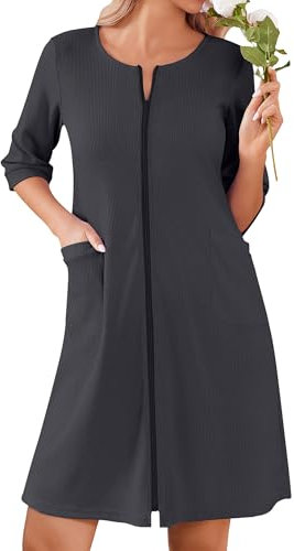 Ekouaer Damen-Bademantel mit Reißverschluss, knielang, Waffelstrick, leicht, Hausmantel mit Taschen, 3/4-Ärmel, Loungewear, S-3XL, grau dunkel, XX-Large