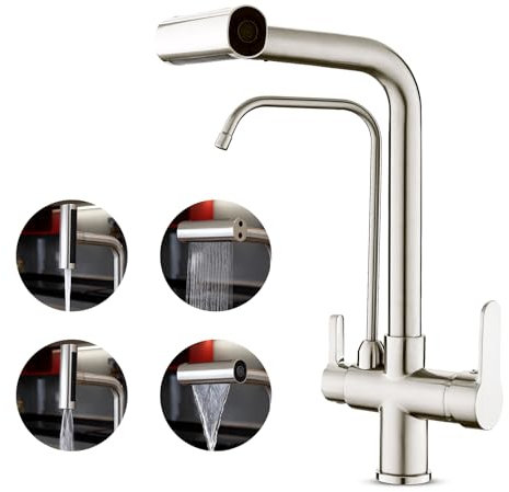 KEOKBON 3 Wege Wasserhahn Küche mit Brause Ausziehbar 4 Modus, 3 in 1 Küchenarmatur 360° Schwenkbar, 2 Hebel Spültischarmatur für Wasserfilter, Herausziehbarer Mischbatterie, Gebürstetes Nickel