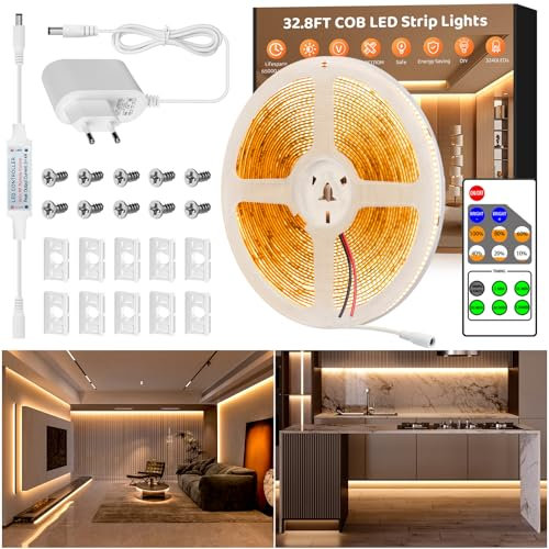 COB LED Streifen 10M Warmweiß,3240LEDs CRI90+ Flexibel Helles LED Strip mit RF Fernbedienung & Netzteil,Dimmbar 24V Selbstklebend 3000K Warmweiss,Wasserdicht IP65 LED Lichtband für Küche,Treppen,DIY