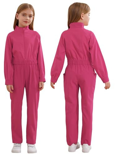 Aislor Girls One Piece Rompers Coveralls Mechanic Boiler Suit Straight Leg Cargo Pant Zipper Front Jumpsuit Hot Pink 5-6 Years