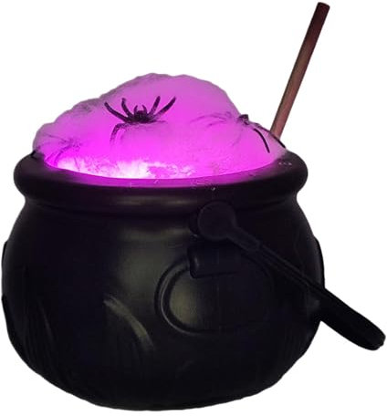 Halloween Schwarzer Hexenkessel, 14,5x9cm großer Hexenkessel aus Kunststoff mit Lichterketten, Baumwolle und Holzstab, leuchtender Hexenkessel mit Griff, Halloween Süßigkeiten Kessel Halloween Deko