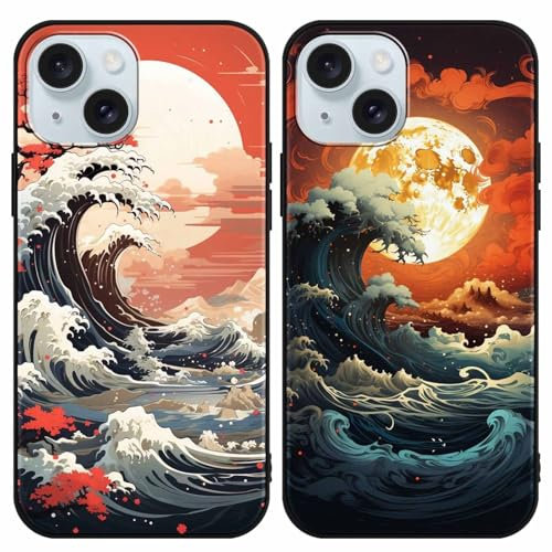 Yimctoie 2 Stück Handyhülle für iPhone 15 Hülle 6,1,Japanische Art Anime Aesthetic Wellen mit Muster Case,Ästhetik Schutzhülle Schwarz Weich Silikon TPU Stoßfeste Kratzfest Cover für iPhone 15