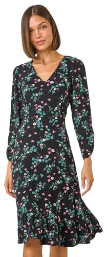 Roman Originals Swing Dress Women UK Ladies Skater Tea Midi A Line Fit & Flare Winter Autumn Casual Smart Cocktail Party Going Out Work Buttons - Black Teal - Size 20