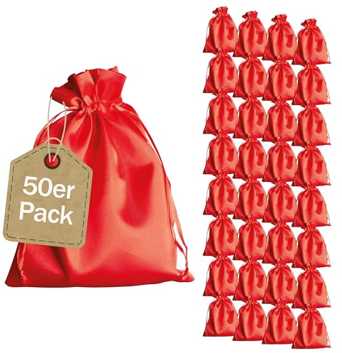 SPRINTIS Satinsäckchen rot, 15 x 20 cm (50 Stück) - edle Geschenkbeutel mit Satinband – wiederverwendbare Schmuckbeutel, perfekt für Weihnachten und Hochzeit