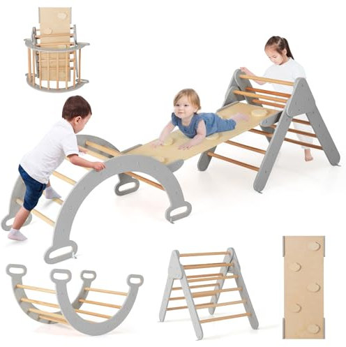 COSTWAY 7 en 1 Triángulo de Escalada de Madera para Niños, Juego de Escalada con Triángulo, Arco, Rampa para Deslizarse o Escalar, Set de Escalada Montessori para Niños 1+ Año (Gris Oscuro)