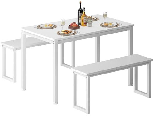 SDHYL 3-teiliges Esstisch mit 2 Bänken aus Holz Küchenmöbel Set mit Stahlgestell weiß