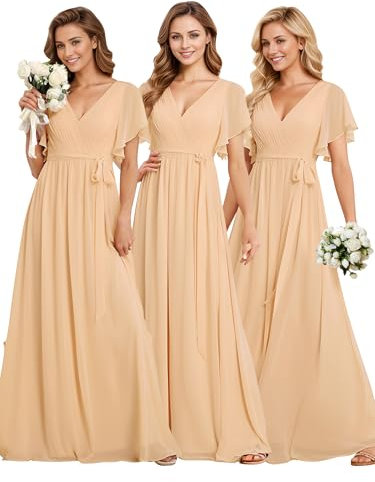 Ever-Pretty Women's Maxi Empire Waist V Neck Short Sleeve Floor Length Chiffon Evening Long Dresses Champagne 14UK