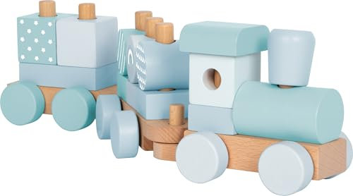 Small Foot Holzzug blau, Steck- und Stapelspielzeug mit 14 Elementen, dekorativer Zug aus robustem Holz, für Kinder ab 12 Monaten, 12695