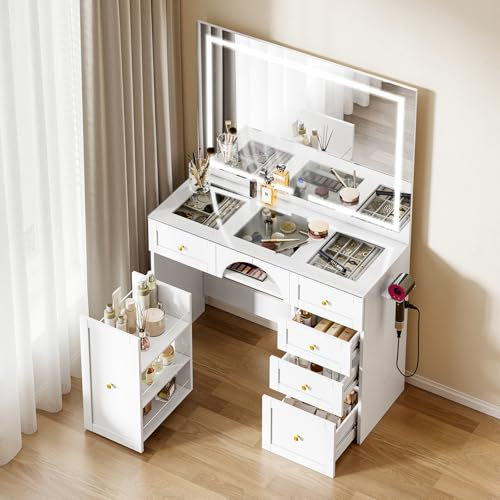 Transparent Glass Tabletop Vanity Desk, White Dressing Table with Large Mirror and Mobile Storage Trolley, Jewellery Storage, 5 Drawers, 3-Coloured Light Strips, Makeup Desk with Charging for Bedroom