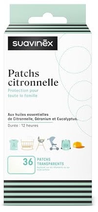 Suavinex, Patchs à la Citronnelle Anti Moustiques pour Bébés, Enfants et Adultes, Jusqu'à 12 Heures Durée, Patchs Adhésifs Transparents Textiles et Surfaces, Ne Tachent Pas, Faciles Utiliser, 36 pcs