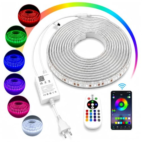 ONSSI, strisce LED 220v SMD5050 60 LED/m (25M) RGB multicolore con trasformatore, controllo tramite telecomando e APP