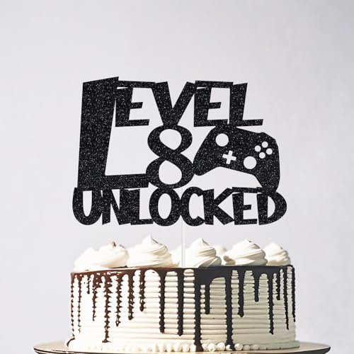 Glitter Level 8 Unlocked Cake Topper, Video Game Happy 8th Birthday Cake Topper Decoration, Level Up Winner Birthday Party Supplies Black