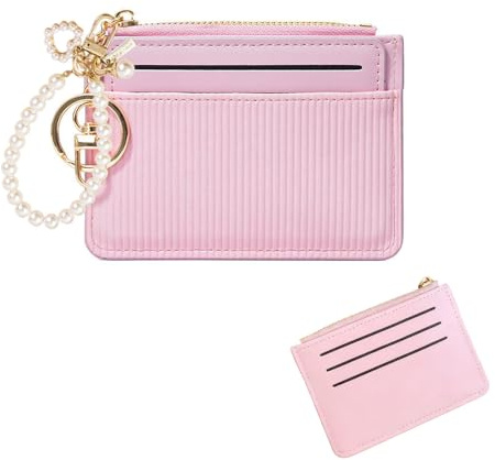 MSLSOZ Porte-cartes pour femme, portefeuille ultra fin pour cartes de crédit avec beau pendentif perle, style minimaliste, portefeuille pour cartes pour femme avec poche zippée, 8 emplacements pour