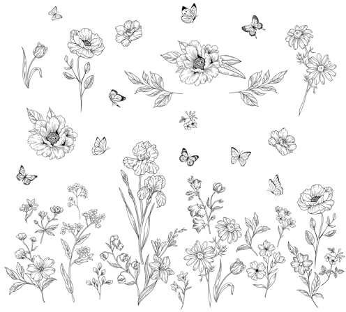 FUFUQUARE Schwarze Kletterranke Wandtattoo Wandaufkleber Garten Blume Pflanzen Rose Schmetterling Wandsticker Wanddeko für Schlafzimmer Wohnzimmer Sofa Hintergrund (SchwarzB)