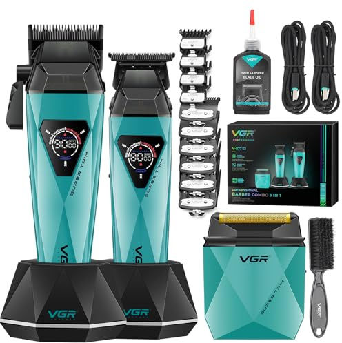 VGR 877S3 Profi Haarschneidemaschine Set mit Titanbeschichtete Rasierer | Kabelloser Haarschneider Herren und Präzisionstrimmer mit 8000/9000 U/min Motor, Barber Set mit Ladestation, LED-Display