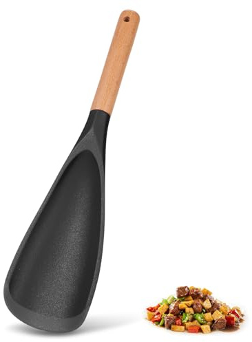 Silicone Cooking Spoons for Non-Stick Cookware - Wooden Handle & Multifunction Cooking Spoon, Heat-Resistant Kitchen Utensils for Stirring, Mixing, Serving (1 PACK, BLACK, 11.4)