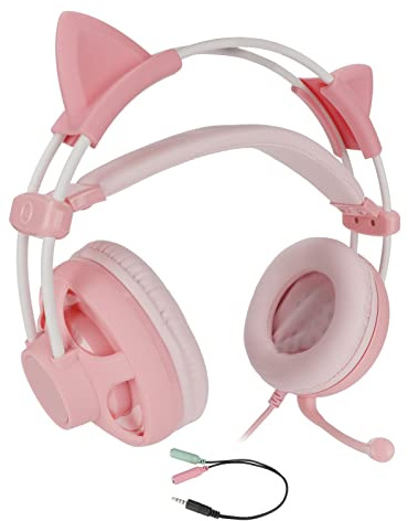 CHEOTIME Cute Pink Cat Ears Gaming Headset for, 7.1 Surround Headband Wired Gaming Headset Bass Surround and Noise Cancelling with Mic for Laptop PC Smartphones (Pink)