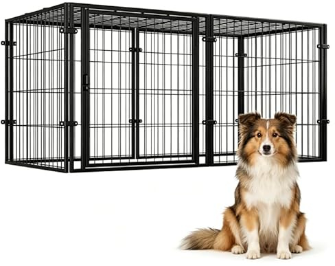 Heavy Duty Dog Crate with Top & Auto-Lock, 42 Escape-Proof Metal Dog Cage | Mutiple Doors, Portable Indoor/Outdoor Puppy Playpen with Flexible Doors for Small Medium Dogs, Easy Assembly