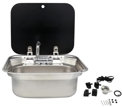 Lavabo empotrado de acero inoxidable 304 for caravana, con tapa y grifo plegable, for caravanas, barcos, autocaravanas bares,Resistente a la corrosión(With Curved drain)