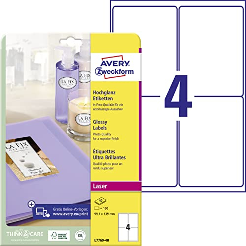AVERY Zweckform L7769-40 Hochglanz-Etiketten (160 Glossy Aufkleber, 99,1x139mm auf A4, selbstklebend, bedruckbar, hochglänzendes Papier zur Produktkennzeichnung, für Laser-Drucker) 40 Blatt, weiß