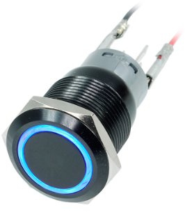 Phobya Vandalismusschalter 19mm Aluminium schwarz, blau Ring beleuchtet 5pin Wasserkühlung Überwachung
