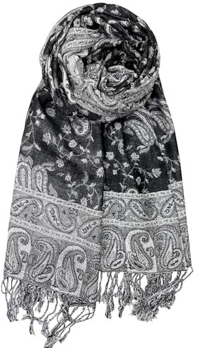 Achillea Pashmina-Schal mit Fransen, weich, seidig, wendbar, Paisleymuster, Schwarz Weiß