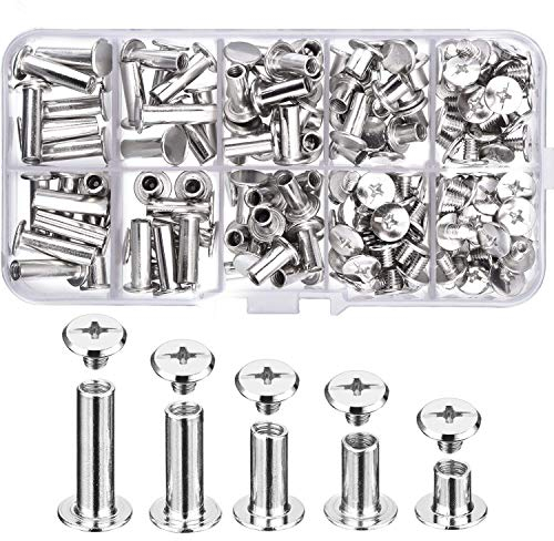 80 Ensemble Chicago Vis Assortiment Kit 5 Tailles Vis à Tête Croix Ronde en Métal Post Chicago Vis Bouton pour DIY Reliure de Décoration en Cuir