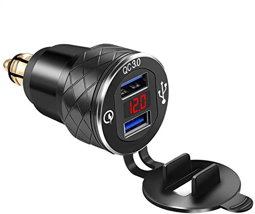 iMESTOU Cargador de Aluminio DIN a USB QC3.0 para BMW Triumph Tiger Ducati Enchufe de mechero Europeo con voltímetro Carga rápida para teléfonos