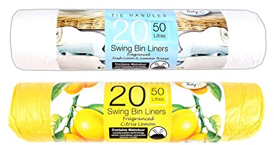 White Hinge 40x Fragranced Swing Bin Bag Liners (95cm x 120cm) 50L Odour Neutralising Citrus Lemon or Fresh Linen & Summer Breeze Scent