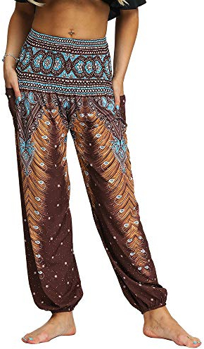 Nuofengkudu Damen Hippie Hosen mit Taschen Haremshosen Leichte Boho Muster Bunt High Waist Yogahosen Sommer Lockere Umstandshose Freizeithose (Braun A,One Size)