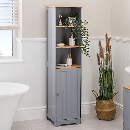 CHRISTOW Tall Bathroom Cabinet, Wooden Grey & Bamboo Tallboy Unit, 3 Shelf Storage Cupboard