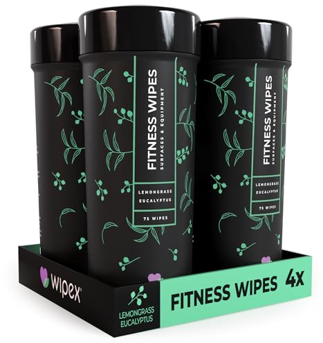 Wipex Natural Gym & Fitness Equipment Tücher - Zitronengras, Eukalyptus & Essig - ideal für Yogamatten, Pilates, Home Gym, Peloton, Spas, 75 Tücher - 4er-Pack