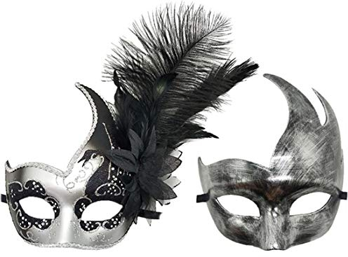 Máscara de disfraz de plumas para Halloween, Mardi Gras, cosplay, fiesta, Pareja Plata Negro, Talla única