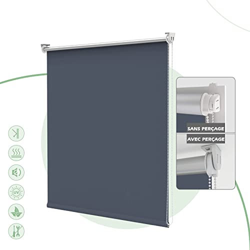 HOMEDEMO Store Enrouleur Occultant Isolant Thermique Opaque, Rideau, Fixation avec ou sans Perçage, 90 x 120 cm (Largeur du Tissu 86 cm), Bleu Foncé