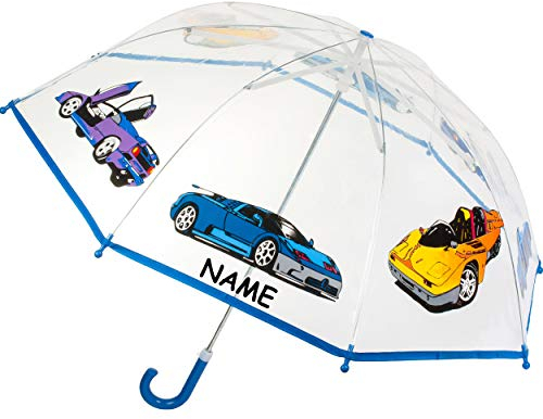 alles-meine.de GmbH Kinderschirm/Regenschirm - Auto & Fahrzeuge - inkl. Name - Ø 79 cm - durchsichtig & durchscheinend - transparent - Kinder - Stockschirm - groß mit Griff - E..