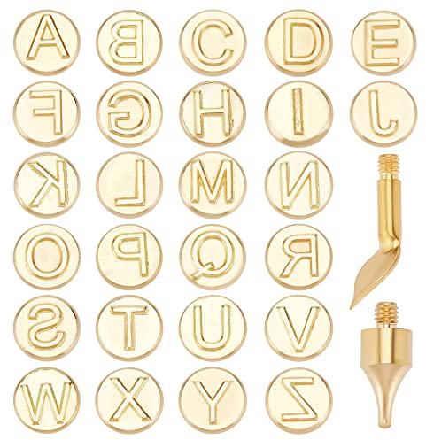 GORGECRAFT 28pcs Wood Branding Iron Alphabet Carving Tips Hollow Hot Stamps Alphabet Set 9mm Letter Stamp Punch Tips Set for Engraving Molds Embossing Tools Wood Burning Carving DIY Crafts Matte Gold