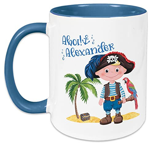GRAZDesign Kindertasse mit Namen, Tasse Kinder, personalisierte Tasse für Junge Trinkbecher Kindergeschirr Kinder Becher Hellblau, Keramik BPA-frei, 330ml Motiv Pirat