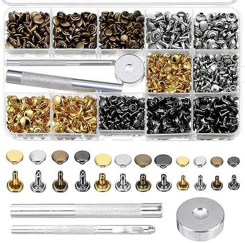 Amindz 180 Sets Leder Nieten,3 Größen Tubular Metall Niet,Doppelkappe Rivet mit 3 Stück Fixierung Werkzeug and Aufbewahrungsbox,Hohlnieten für DIY Lederhandwerk Kleidung Dekoration